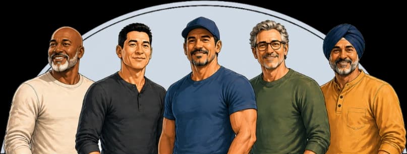 semi-realistic cartoon of 5 random dads of different ethnicities standing in an arch